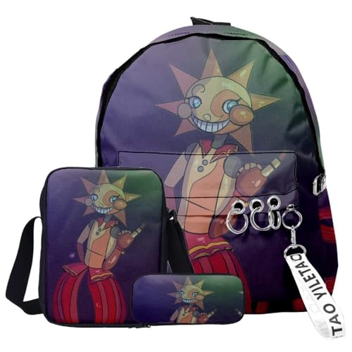 NOAFUNZO FNAF Rucksack, 3-teiliges Set, Studentenbedarf-Set, Sonne und Mond, 3D-Druck, Cartoon-Schultasche, Federmäppchen, modischer Tagesrucksack für Jungen, Mädchen, Studenten, Typ 11, von NOAFUNZO