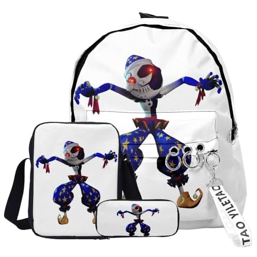 NOAFUNZO FNAF Rucksack, 3-teiliges Set, Studentenbedarf-Set, Sonne und Mond, 3D-Druck, Cartoon-Schultasche, Federmäppchen, modischer Tagesrucksack für Jungen, Mädchen, Studenten, Typ 19, von NOAFUNZO