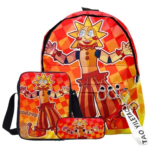 NOAFUNZO FNAF Rucksack, 3-teiliges Set, Studentenbedarf-Set, Sonne und Mond, 3D-Druck, Cartoon-Schultasche, Federmäppchen, modischer Tagesrucksack für Jungen, Mädchen, Studenten, Typ 26, von NOAFUNZO