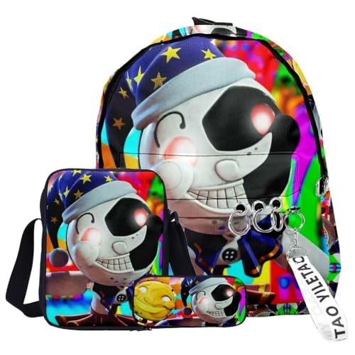 NOAFUNZO FNAF Rucksack, 3-teiliges Set, Studentenbedarf-Set, Sonne und Mond, 3D-Druck, Cartoon-Schultasche, Federmäppchen, modischer Tagesrucksack für Jungen, Mädchen, Studenten, Typ 3, von NOAFUNZO