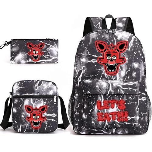 NOAFUNZO FNAF Rucksack-Set, 3-teilig, Fünf-Nacht-Spiel, Cartoon, modisch, bedruckt, Schultasche und Federmäppchen, für Kinder, Jungen, Mädchen, Teenager, Foxy 2, 32x45x13cm, Kinderrucksäcke von NOAFUNZO