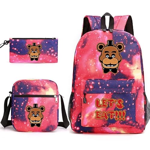 NOAFUNZO FNAF Rucksack-Set, 3-teilig, Fünf-Nacht-Spiel, Cartoon-Mode, bedruckte Schultasche inklusive Lunchtasche, Schultasche und Federmäppchen für Kinder, Jungen, Mädchen, Teenager, Fazbear 1, von NOAFUNZO