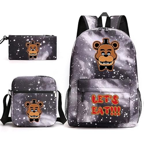 NOAFUNZO FNAF Rucksack-Set, 3-teilig, Fünf-Nacht-Spiel, Cartoon-Mode, bedruckte Schultasche inklusive Lunchtasche, Schultasche und Federmäppchen für Kinder, Jungen, Mädchen, Teenager, Fazbear 4, von NOAFUNZO