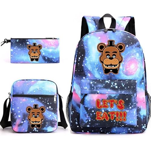 NOAFUNZO FNAF Rucksack-Set, 3-teilig, Fünf-Nacht-Spiel, Cartoon-Mode, bedruckte Schultasche inklusive Lunchtasche, Schultasche und Federmäppchen für Kinder, Jungen, Mädchen, Teenager, Fazbear 5, von NOAFUNZO