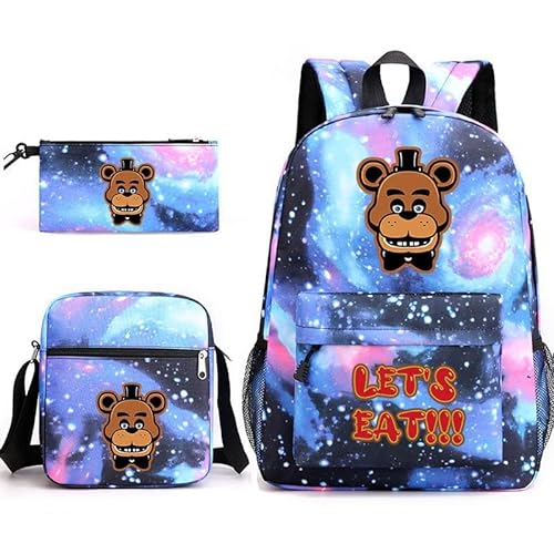 NOAFUNZO FNAF Rucksack-Set, 3-teilig, Fünf-Nacht-Spiel, Cartoon-Mode, bedruckte Schultasche inklusive Lunchtasche, Schultasche und Federmäppchen für Kinder, Jungen, Mädchen, Teenager, Fazbear 5, von NOAFUNZO