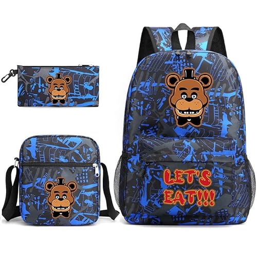 NOAFUNZO FNAF Rucksack-Set, 3-teilig, Fünf-Nacht-Spiel, Cartoon-Mode, bedruckte Schultasche inklusive Lunchtasche, Schultasche und Federmäppchen für Kinder, Jungen, Mädchen, Teenager, Fazbear 7, von NOAFUNZO