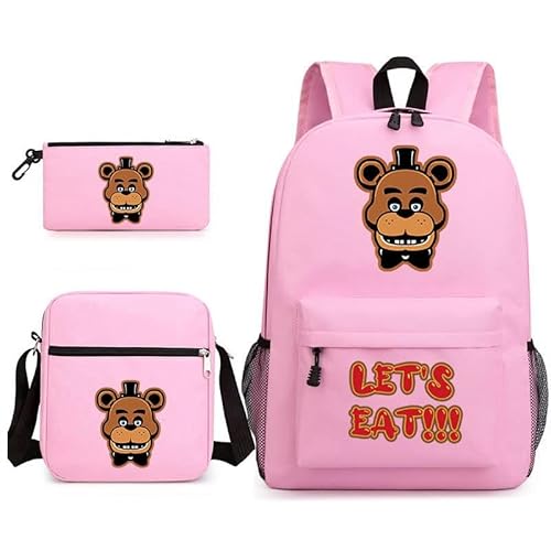 NOAFUNZO FNAF Rucksack-Set, 3-teilig, Fünf-Nacht-Spiel, Cartoon-Mode, bedruckte Schultasche inklusive Lunchtasche, Schultasche und Federmäppchen für Kinder, Jungen, Mädchen, Teenager, Fazbear 8, von NOAFUNZO