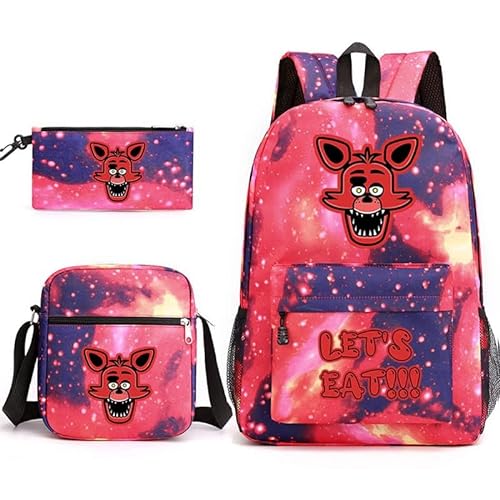 NOAFUNZO FNAF Rucksack-Set, 3-teilig, Fünf-Nacht-Spiel, Cartoon-Mode, bedruckte Schultasche inklusive Lunchtasche, Schultasche und Federmäppchen für Kinder, Jungen, Mädchen, Teenager, Foxy 1, von NOAFUNZO