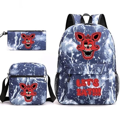 NOAFUNZO FNAF Rucksack-Set, 3-teilig, Fünf-Nacht-Spiel, Cartoon-Mode, bedruckte Schultasche inklusive Lunchtasche, Schultasche und Federmäppchen für Kinder, Jungen, Mädchen, Teenager, Foxy 3, von NOAFUNZO