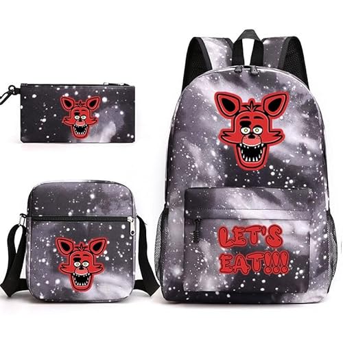 NOAFUNZO FNAF Rucksack-Set, 3-teilig, Fünf-Nacht-Spiel, Cartoon-Mode, bedruckte Schultasche inklusive Lunchtasche, Schultasche und Federmäppchen für Kinder, Jungen, Mädchen, Teenager, Foxy 4, von NOAFUNZO