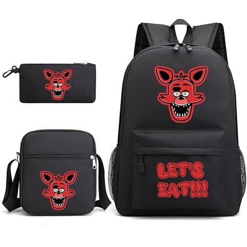 NOAFUNZO FNAF Rucksack-Set, 3-teilig, Fünf-Nacht-Spiel, Cartoon-Mode, bedruckte Schultasche inklusive Lunchtasche, Schultasche und Federmäppchen für Kinder, Jungen, Mädchen, Teenager, Foxy 6, von NOAFUNZO