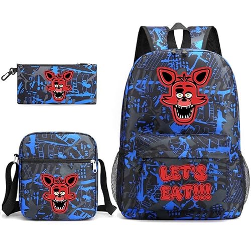 NOAFUNZO FNAF Rucksack-Set, 3-teilig, Fünf-Nacht-Spiel, Cartoon-Mode, bedruckte Schultasche inklusive Lunchtasche, Schultasche und Federmäppchen für Kinder, Jungen, Mädchen, Teenager, Foxy 7, von NOAFUNZO