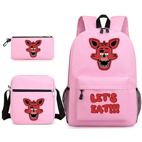 NOAFUNZO FNAF Rucksack-Set, 3-teilig, Fünf-Nacht-Spiel, Cartoon-Mode, bedruckte Schultasche inklusive Lunchtasche, Schultasche und Federmäppchen für Kinder, Jungen, Mädchen, Teenager, Foxy 8, von NOAFUNZO