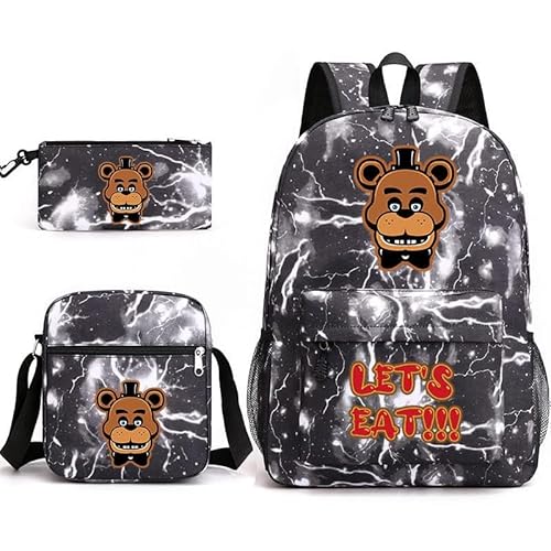 NOAFUNZO FNAF Rucksack-Set, Schüler-Schultasche mit Schultertasche, Federmäppchen, Cartoon-Druck, Büchertasche für Jungen und Mädchen, Geschenk zum Schulanfang, 3-teilig, Fazbear 2, 32x45x13cm, von NOAFUNZO