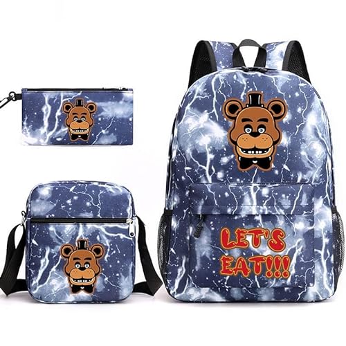 NOAFUNZO FNAF Rucksack-Set, Schüler-Schultasche mit Schultertasche, Federmäppchen, Cartoon-Druck, Büchertasche für Jungen und Mädchen, Geschenk zum Schulanfang, 3-teilig, Fazbear 3, 32x45x13cm, von NOAFUNZO