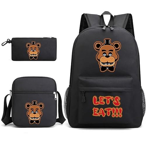 NOAFUNZO FNAF Rucksack-Set, Schüler-Schultasche mit Schultertasche, Federmäppchen, Cartoon-Druck, Büchertasche für Jungen und Mädchen, Geschenk zum Schulanfang, 3-teilig, Fazbear 6, 32x45x13cm, von NOAFUNZO