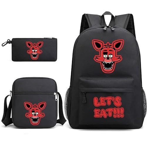 NOAFUNZO FNAF Rucksack-Set, Schüler-Schultasche mit Schultertasche, Federmäppchen, Cartoon-Druck, Büchertasche für Jungen und Mädchen, Geschenk zum Schulanfang, 3-teilig, Foxy 6, 32x45x13cm, Cartoon von NOAFUNZO