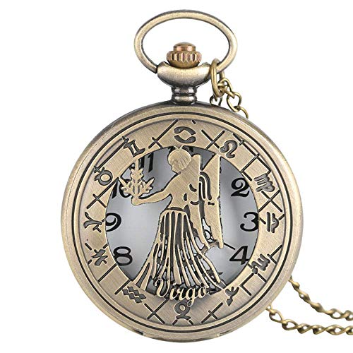 Mechanische Taschenuhr mit Kette, Taschenuhr, klassische Vintage-Anhängeruhr, Jungfrau-Halskette, Sternzeichen, Vintage-Quarz-Taschenuhr, Astrologie-Anhänger, Geschenk, Herren, Damen, Baby, Bronz von NOALED