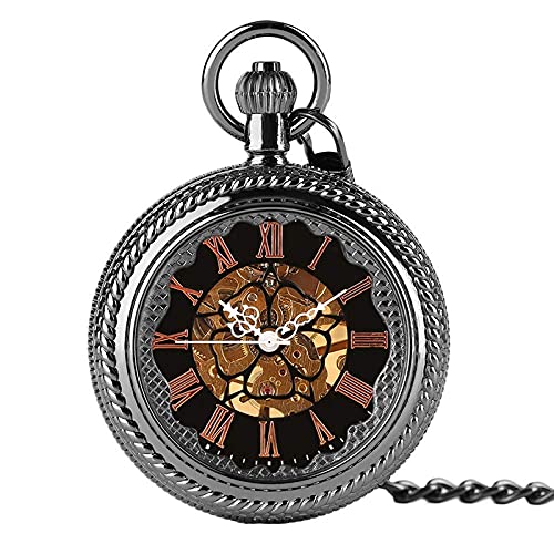 NOALED Taschenuhr mit Kettentaschenuhr, modische große Handaufzugs-Mechanische Taschenuhren Herren Damen Anhänger Klassische Uhr Schwarz Aufziehbare Skelettuhr Stunde, Dampf von NOALED