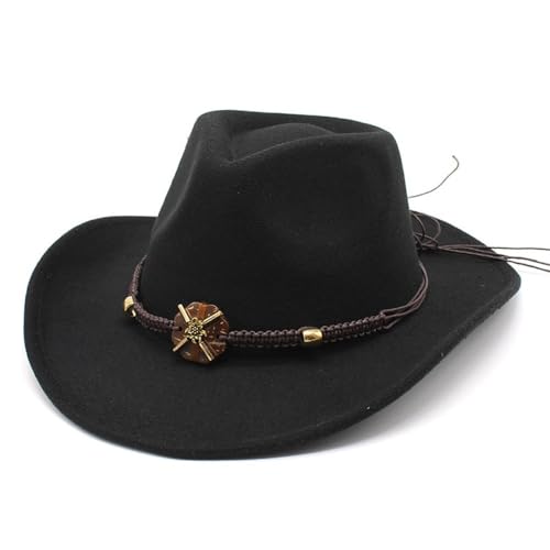 Fengyan Hats New Western Cowboyhut, Herbst und Winter Wolle Jazz Hut, Herren und Damen Filzhut im Nationalstil, große Krempe Hut (Farbe: Schwarz, Größe: Samll (54 cm) von NOAMED