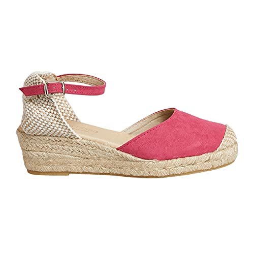 Jute-Espadrills mit Keilabsatz und Naturseil, mit Knöchelschnalle und geschlossener Spitze, Fuchsia, 36 EU von NOESLOMISMO BY DILEMA