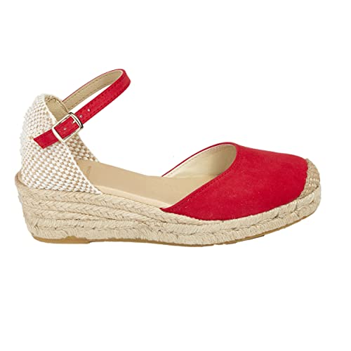 Alpargatas Espadrilles mit Keilabsatz, aus Naturseil, Jute, Schnalle am Knöchel, geschlossene Spitze, rot, 40 EU von NOESLOMISMO BY DILEMA