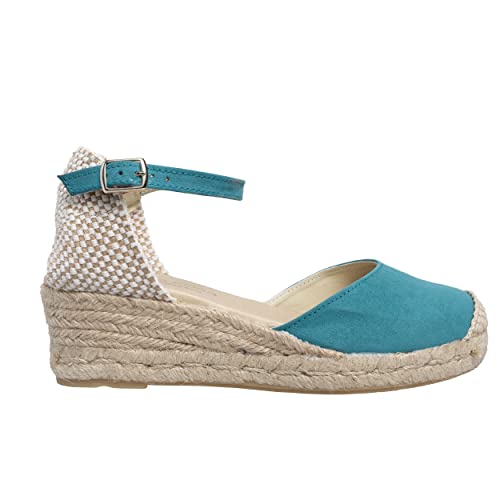 NOESLOMISMO BY DILEMA Jute-Espadrilles mit Keil und natürlichem Seilboden mit Knöchelschnalle und geschlossener Spitze, Aqua, 37 EU von NOESLOMISMO BY DILEMA