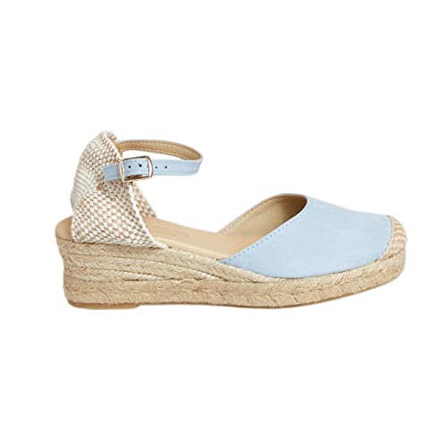 Alpargatas Espadrilles mit Keilabsatz, aus Naturseil, Jute, Schnalle am Knöchel, geschlossene Spitze, Aquamarin, 35 EU von NOESLOMISMO BY DILEMA