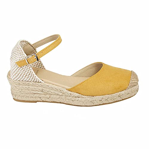 Alpargatas Espadrilles mit Keilabsatz, aus Naturseil, Jute, Schnalle am Knöchel, geschlossene Spitze, ocker, 35 EU von NOESLOMISMO BY DILEMA