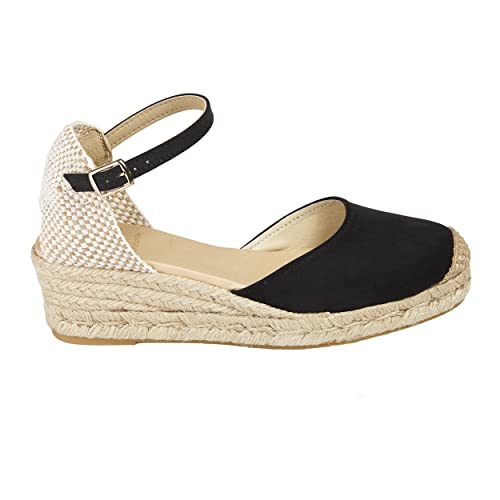 Alpargatas Espadrilles mit Keilabsatz, aus Naturseil, Jute, Schnalle am Knöchel, geschlossene Spitze, Schwarz , 39 EU von NOESLOMISMO BY DILEMA