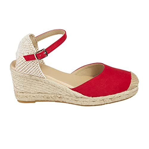 NOESLOMISMO BY DILEMA No ES lo mismo - Espadrille - Jutesandale mit Keilabsatz für Damen Plateauschuhe 3 Kordeln Espadrille mit Schnalle und geschlossener Spitze Farbe: Sandfarbe, Grün, Rot, Pin von NOESLOMISMO BY DILEMA