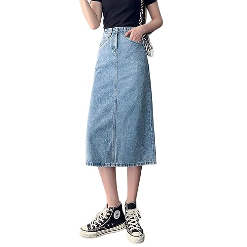 NOGRAX Jeans Rock Für Damen Denim-röcke Frauen A-Linie Hohe Taille Midi Rock Lässig Lockere Trendige Streetwear All-Match Retro Teens Chic-hellblau-s von NOGRAX