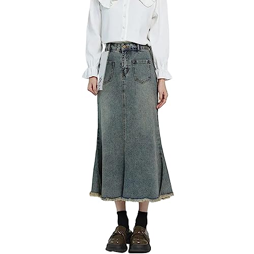 NOGRAX Langer Rock Damen Jeansröcke Für Frauen Modelle Frühlings -Vintage Alte Midi -Rock Chic High Tailled Trompete Eine Linie Röcke-Blue,m von NOGRAX