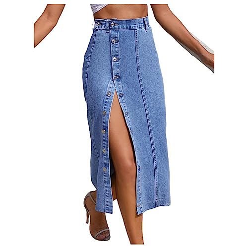 NOGRAX Langer Rock Damen Women Button A-line Side Split High Taille Denim Rock Büro Dame Schwarz Blue Midi Jean Röcke Langer Rock-Blue,xs von NOGRAX