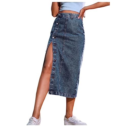 NOGRAX Langer Rock Damen Women Button A-line Side Split High Taille Denim Rock Büro Dame Schwarz Blue Midi Jean Röcke Langer Rock-Dark Blue,l von NOGRAX