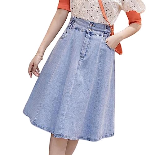 NOGRAX Satinrock Blue Denim Midi Rock Frauen Hoher Taillenknopf Mit Taschen Damen Gewaschen Vintage Streetwear Slit Jean Röcke-B,S von NOGRAX