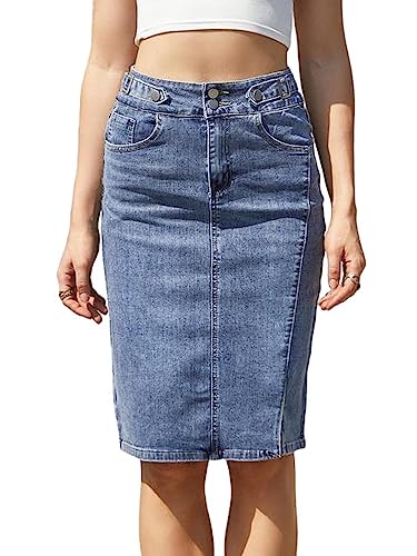 NOGRAX Satinrock Hohe Taille Jeansrock Frauen Lässig Midi Straight Bleistift Jean Rock-Blue,L von NOGRAX