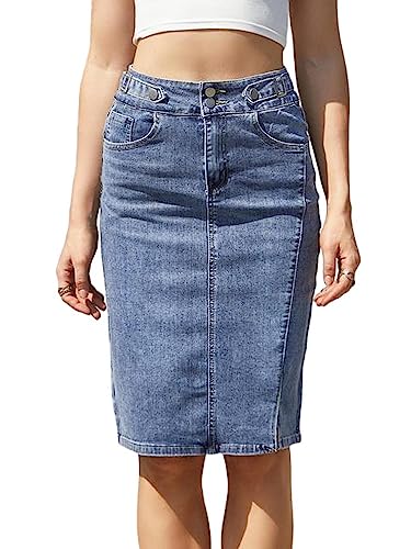 NOGRAX Satinrock Hohe Taille Jeansrock Frauen Lässig Midi Straight Bleistift Jean Rock-Blue,S von NOGRAX