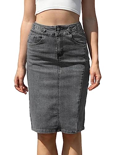 NOGRAX Satinrock Hohe Taille Jeansrock Frauen Lässig Midi Straight Bleistift Jean Rock-Dark Grey,M von NOGRAX