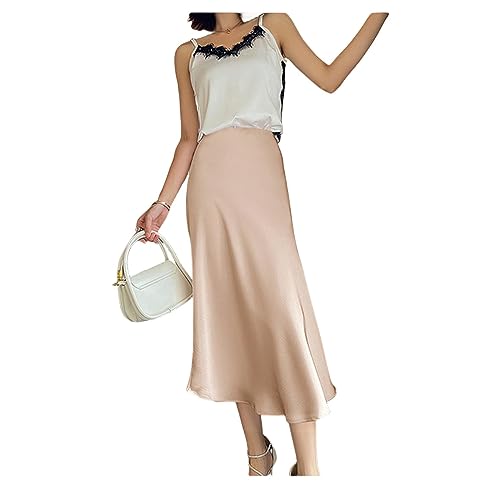 NOGRAX Satinrock Rock Frauen Sommer Hoher Taillenbeutel Hüfte Mittlere Satin Elegante Regenschirm Rock Fischschwanzrock-beige,s von NOGRAX