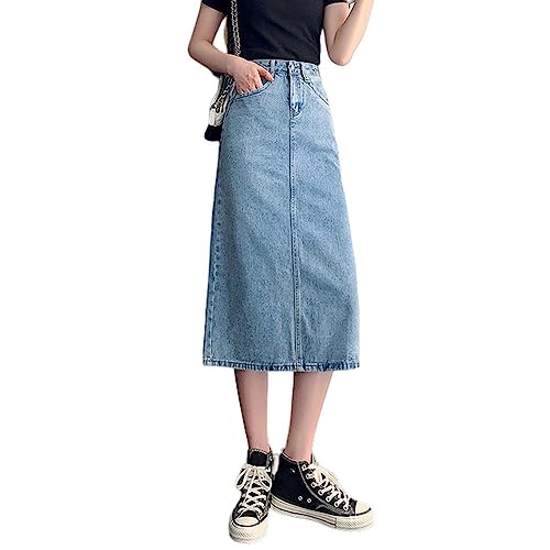 NOGRAX Satinrock Vintage -Schlitz -Denim -Röcke Frauen Eine Linie Hoher Taille Solider Midi Rock Casual Alle Match -Röcke-Sky Blue,S von NOGRAX