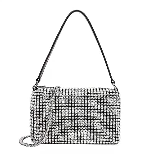 NOGUTU Abendtasche mit Strasssteinen, funkelnde Kristall-Umhängetasche mit Kette für Party, Abschlussball, Hochzeit, Geschenk mit Ohrringen, Schwarz, 7 * 2.54 * 3.9 inch von NOGUTU