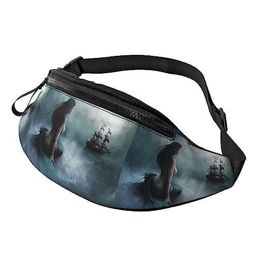 Bauchtasche, Motiv: Meerjungfrau und Segeln auf See, Piratenschiff, bedruckte Bauchtasche, Hüfttasche für Damen und Herren, Hüfttasche mit verstellbarem Gürtel für Freizeit, Reisen, Wandern, Schwarz, von NOKOER