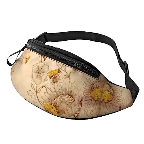 Bauchtasche mit ländlichem Honigbienen-Blumenmuster, Hüfttasche für Damen und Herren, Hüfttasche mit verstellbarem Gürtel für Freizeit, Reisen, Wandern, Schwarz, Einheitsgröße von NOKOER