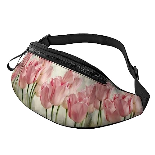 Bauchtasche mit rosa Tulpen bedruckt, Hüfttasche für Damen und Herren, Hüfttasche mit verstellbarem Gürtel für Freizeit, Reisen, Wandern, Schwarz, Einheitsgröße von NOKOER