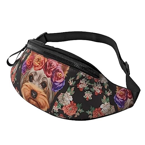 Gürteltasche mit Yorkie-Hunde-Blumendruck, Hüfttasche für Damen und Herren, Hüfttasche mit verstellbarem Gürtel für Freizeit, Reisen, Wandern, Schwarz, Einheitsgröße von NOKOER