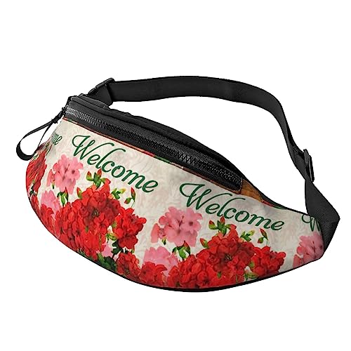 Gürteltasche mit rotem Geranien-Druck, Hüfttasche für Damen und Herren, Hüfttasche mit verstellbarem Gürtel für Freizeit, Reisen, Wandern, Schwarz, Einheitsgröße von NOKOER