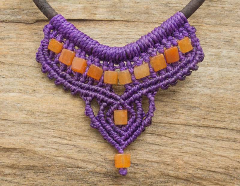 Halskette Mit Korkschnur Und Aventurin Makramee Halsschmuck, Korkschmuck Perlen Lila/Orange/Dunkelbraun von NOKmacrame