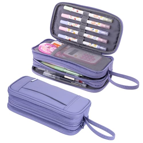 NOL Federmäppchen mit großem Fassungsvermögen, Reißverschluss, 3 Fächer, Federmäppchen, Bürobedarf, Organizer, multifunktionales Federmäppchen für Schule, Mädchen, Jungen, Erwachsene, Hellviolett von NOL Natural Organic Lifestyle