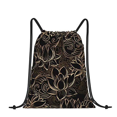 NOLACE Boho Gold Lotus Blumen Kordelzug Rucksack Tasche, leichter Rucksack für Damen und Herren große Größe, Sportbeutel mit Kordelzug, Schwarz, Einheitsgröße von NOLACE